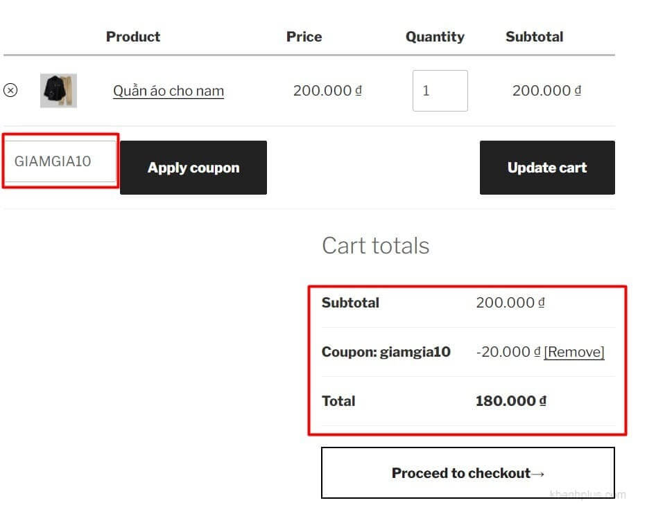 kết quả nhập mã giảm giá